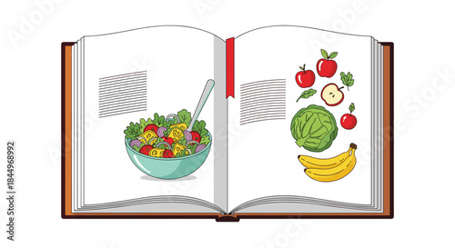 Open cookbook or recipe book showing illustrations of a healthy salad and fresh fruits like apples and bananas.