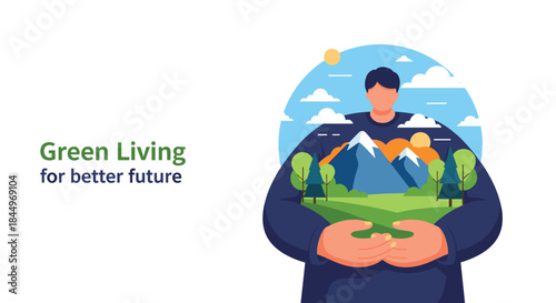 Green living for a better future concept with a person holding a beautiful mountain and forest landscape in their arms.