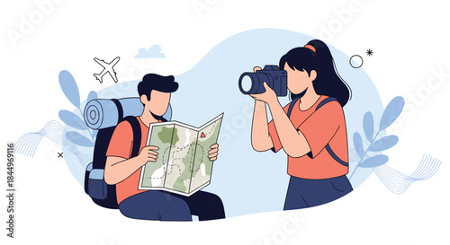 Couple of tourists on an adventure, with the man reading a map and the woman taking a photo with a professional camera.