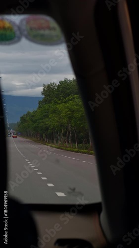 Vertical video. A Road stretching into Distance viewed from inside a Vehicle in a First Person angle with Trees lining both sides under Cloudy Sky, Travel Journey Concept