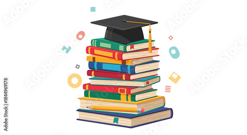 Graduation cap sitting on a tall stack of colorful books with a pencil, symbolizing educational achievement and knowledge.