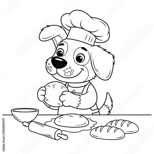 Adorable Cartoon Dog Baker Kneading Dough with Chef Hat and Apron.