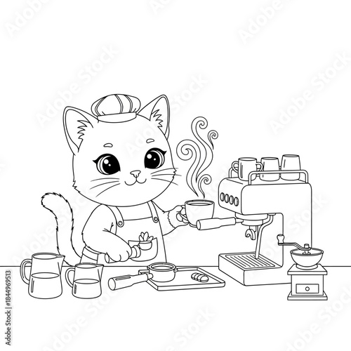Adorable Cat Barista Preparing Coffee with Espresso Machine.