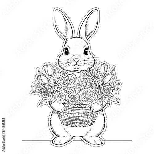 Adorable Easter Bunny Holding a Basket of Flowers Coloring Page.