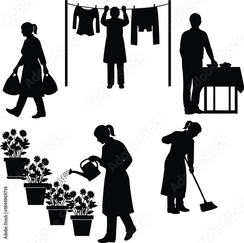 Daily Household Chores Silhouette Vector Set, Woman Doing Laundry, Hanging Clothes, Gardening, Watering Flowers, Sweeping Floor, and Carrying Shopping Bags, Home Life Graphic.
