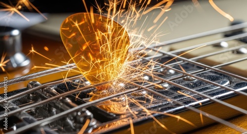 Electrifying music: A high-energy close-up of a guitar pick generating sparks on the strings