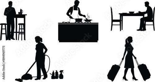 Daily Routine and Household Activities Silhouettes Set, People Cooking, Dining, Vacuuming, and Traveling, Isolated Black Vector Graphic Icons for Lifestyle and Domestic Chores.