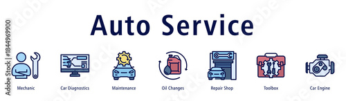 Auto Service web banner icon vector illustration with icons of Mechanic, Car Diagnostics, Maintenance, Oil Changes, Repair Shop, Toolbox and Car Engine.