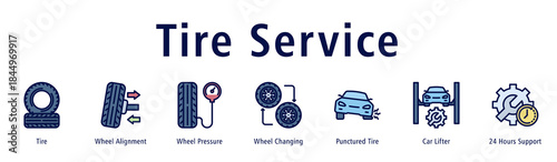 Tire Service web banner icon vector illustration with icons of Tire, Wheel Alignment, Wheel Pressure, Wheel Changing, Punctured Tire, Car Lifter and 24 Hours Support.