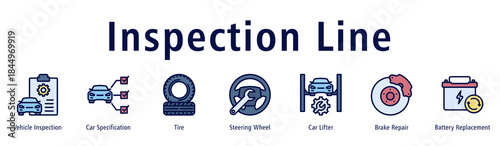 Inspection Line web banner icon vector illustration with icons of Vehicle Inspection, Car Specification, Tire, Steering Wheel, Car Lifter, Brake Repair and Battery Replacement.