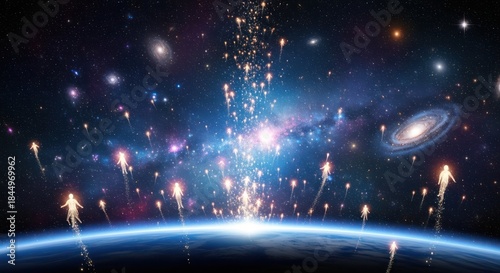 Wallpaper Mural Galactic Ascension: Figurative Light Beings Journeying from Earth to Cosmic Realms Torontodigital.ca
