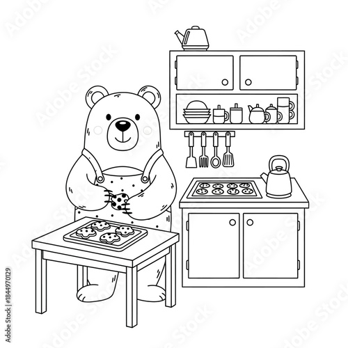 Cute bear baking cookies in the kitchen.