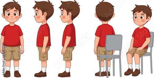 Photos Cute boy character turnaround set with front side back and sitting views for ani