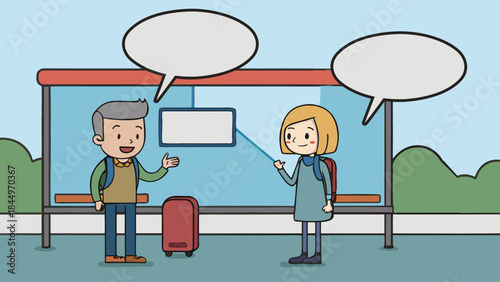 Boy and girl talking at a bus stop and speech bubble vector cartoon illustration