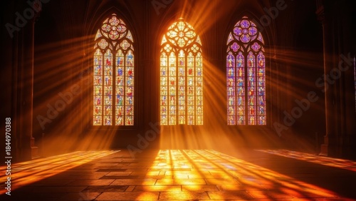 Dramatic sunlight rays streaming through three gothic stained glass windows inside a historic cathedral