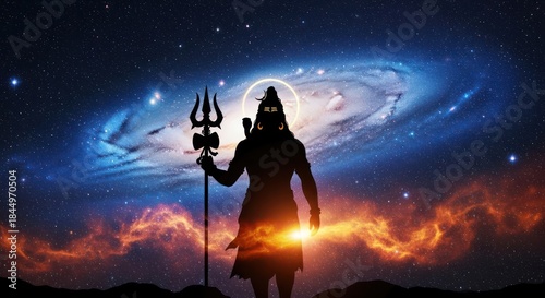 Wallpaper Mural Silhouette of hindu deity shiva with trident against cosmic nebula backdrop serene divinity Torontodigital.ca