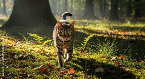 Wallpaper Mural Tabby cat ambles gracefully through sun-dappled autumn forest under a canopy of trees Torontodigital.ca