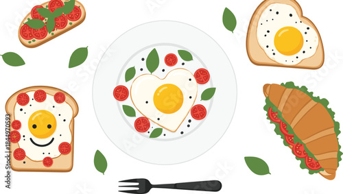 Cute breakfast food illustration set with fried egg toast croissant sandwich and plate elements flat vector design