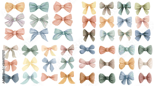 Soft watercolor bow illustration collection with pastel ribbons and decorative shapes ideal for nursery design gift wrapping stationery branding and cute feminine visuals.