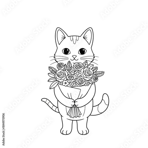 Cute Cat Holding a Bouquet of Flowers Coloring Page.