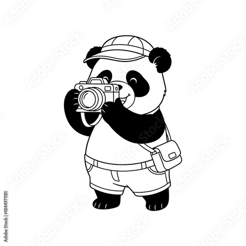 Cute Panda Bear Photographer with Camera and Hat.