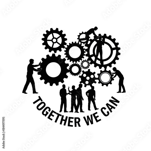 Teamwork Silhouette with Gears and Cogs.