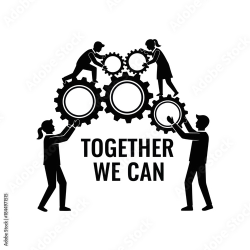 Teamwork Silhouettes Assembling Gears Together.