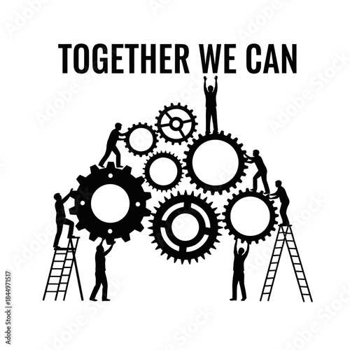 Teamwork Silhouettes Assembling Gears Together.