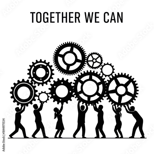 Silhouetted People Carrying Large Gears Together.