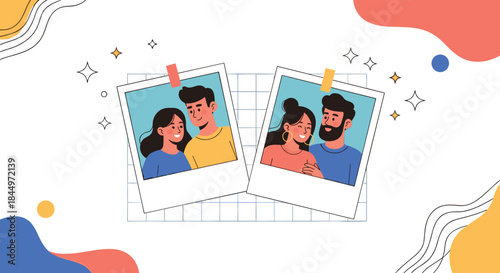 Two instant photo prints of happy couples pinned on a grid background, representing love, relationships, and cherished memories.
