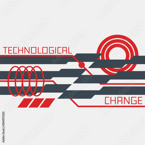Three Broken Lines with Decorations about Technological Changes, Red and Dark Grey Futuristic Abstract Illustration