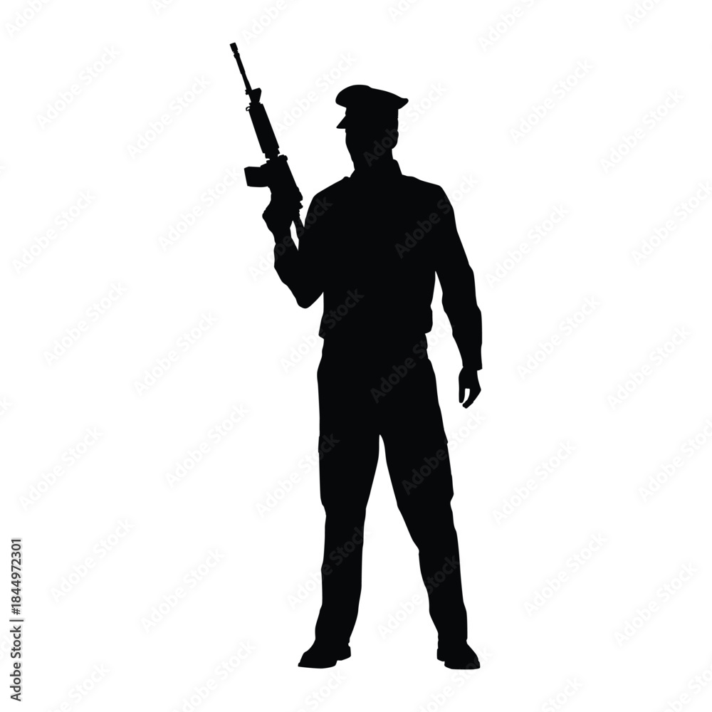 Naklejka premium Armed Security Officer Silhouette in Uniform Holding Rifle, Representing Protection, Law Enforcement, or Military.