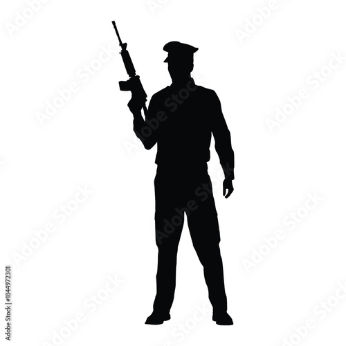Armed Security Officer Silhouette in Uniform Holding Rifle, Representing Protection, Law Enforcement, or Military.