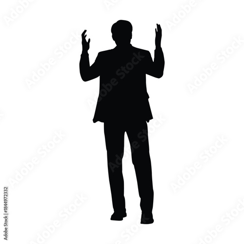 Silhouette of a Businessman or Speaker Standing with Hands Raised Upwards, Expressing Excitement, Celebration, or Explanation