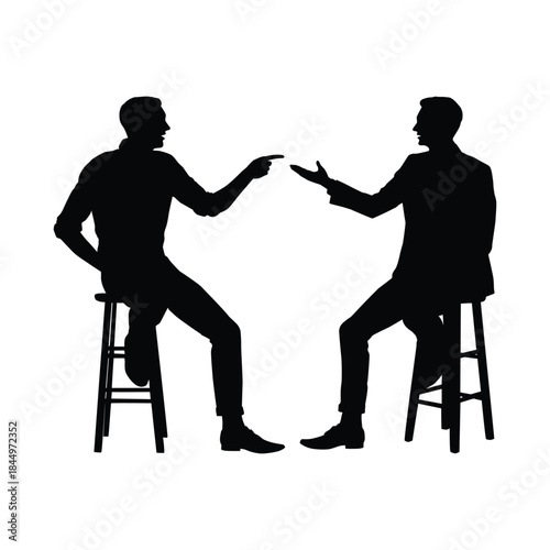 Vector Silhouette of Two Businessmen Sitting on Stools and Discussing, Pointing at Each Other in a Conversation or Debate