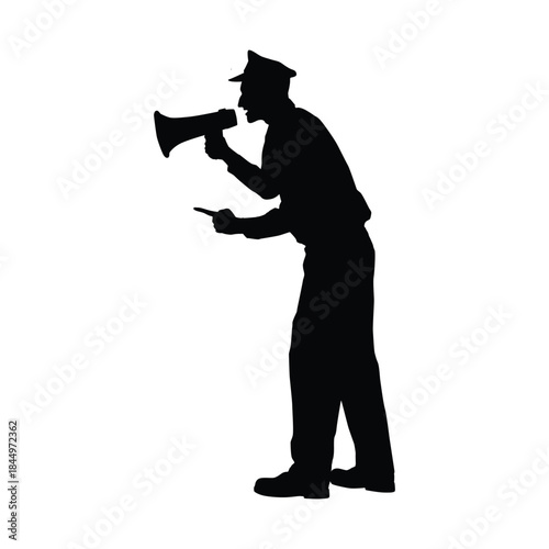 Vector Silhouette of a Police Officer or Authority Figure Speaking into a Megaphone, Giving Instructions or Making an Announcement