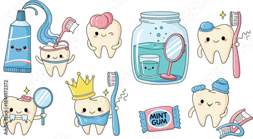 Cute dental care characters collection with happy teeth, toothbrush, toothpaste, floss, mouthwash, and hygiene accessories vector illustration