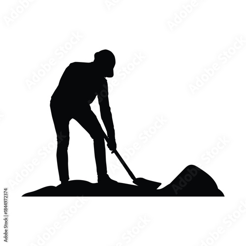 Male Laborer Silhouette Digging with a Shovel in Dirt Pile for Construction, Gardening, or Physical Manual Work.