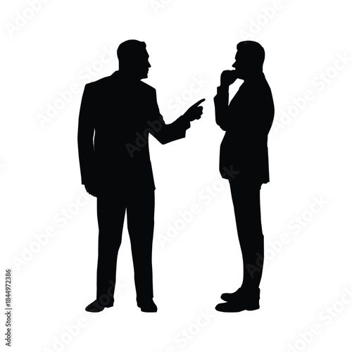 Two Businessmen Silhouettes Discussing or Arguing, One Pointing, Showing Communication and Corporate Interaction.