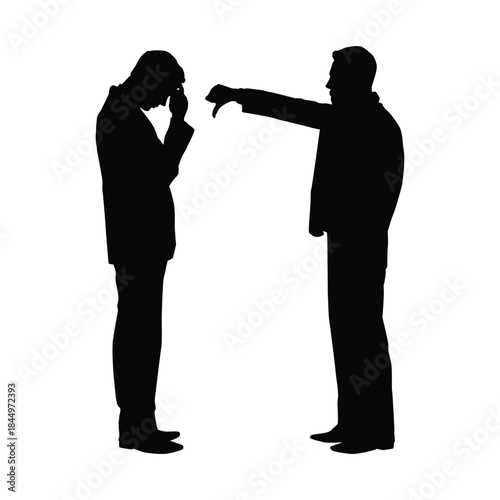Businessman Silhouette Giving Thumbs Down Sign to Stressed Colleague, Representing Rejection, Failure, or Disapproval