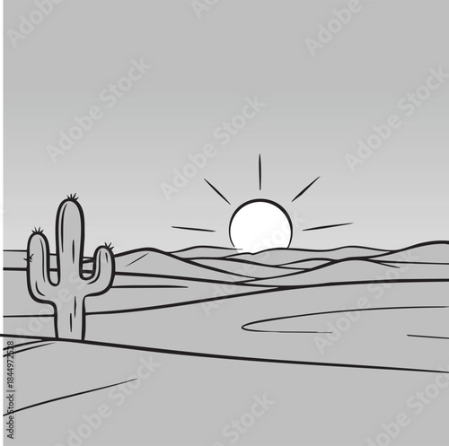 Desert sunrise with cactus and rolling dunes