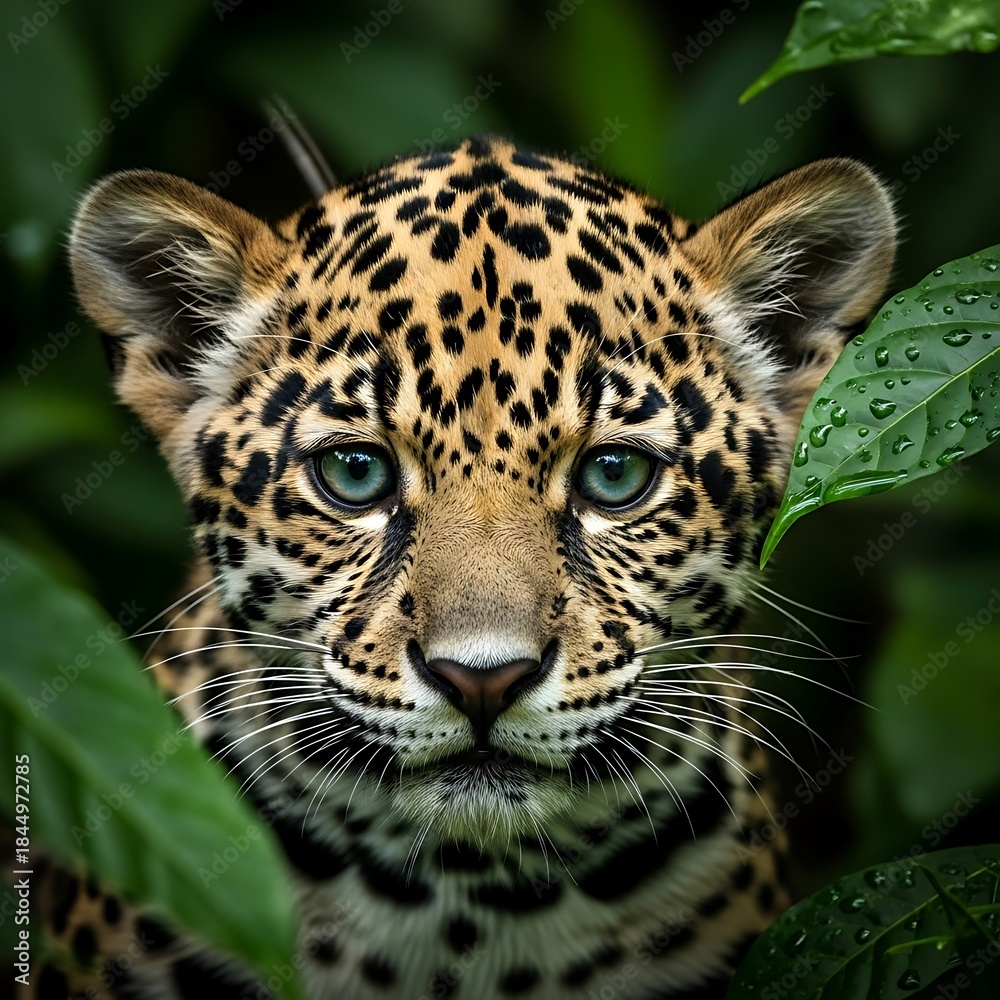 Obraz premium Captivating portrait of a young spotted feline peering through dense tropical foliage
