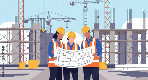 Team of diverse construction engineers and architects in hard hats reviewing a blueprint at a building construction site.