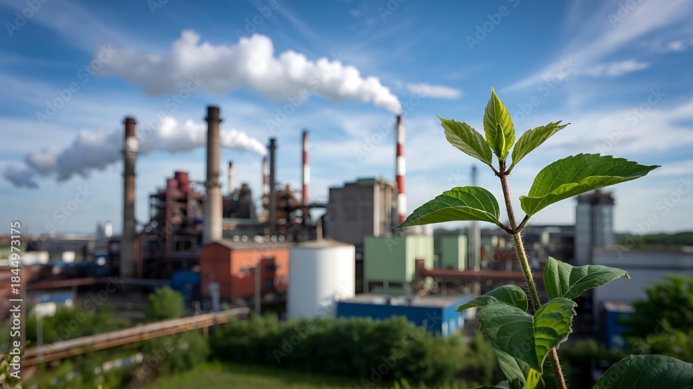 Fototapeta premium A lush green plant stands tall in foreground, symbolizing environmental protection and eco-friendly practices against background of polluting industrial factory