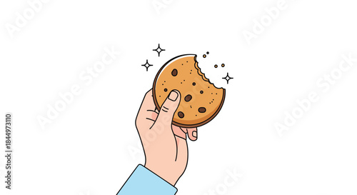 Illustration of a hand holding a delicious chocolate chip cookie with a bite taken out of it, surrounded by sparkling stars.