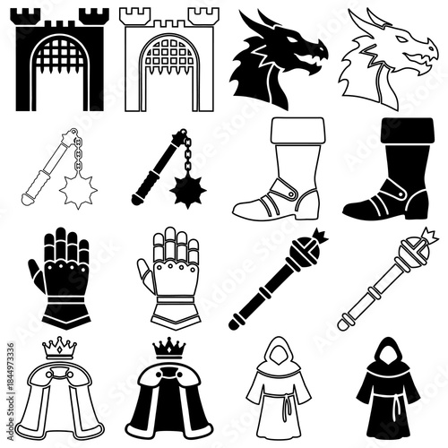 Medieval Fantasy Icon Set. Vector Collection of Dragon, Castle Gate, Gauntlet, Weapons, and Robe in Silhouette and Outline Style.