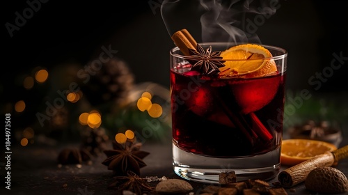 Elegant Hot Mulled Wine with Orange Slice, Cinnamon and Star Anise
