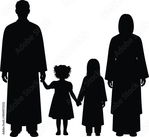Family silhouette in traditional modest clothing, parents and two small children holding hands, unity, faith, culture, isolated black vector on white background.
