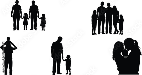 Family People Silhouette Vector Set, Parents with Children and Babies, Father, Mother, and Kids, Loving Relationships and Bonding Clipart Graphics.