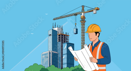 A professional construction engineer in a hard hat reviews blueprints at a high-rise building site with a large crane in operation.